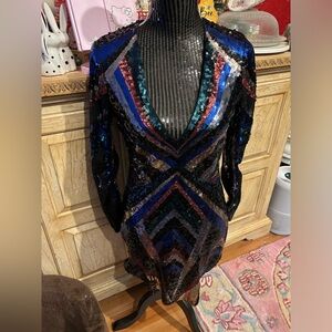 Express Long Sleeve Sequin Mini Dress- multicolor chevron pattern